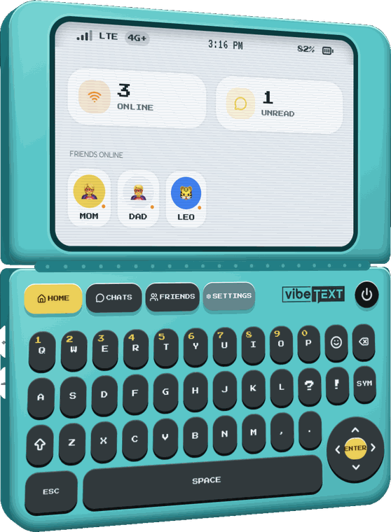 vibeTEXT pocket communicator showing a chat screen