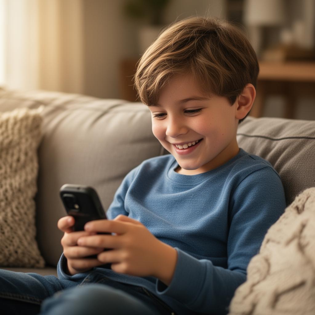 Happy child using a handheld communicator device at home